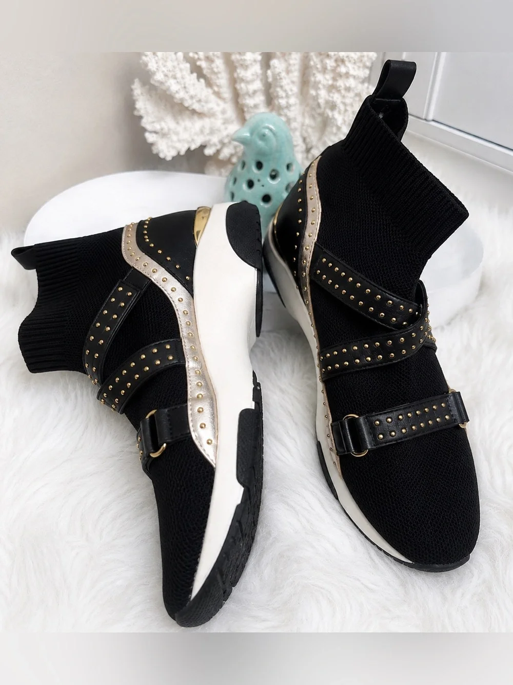 CARVELA Black Kurt Geiger Listen High Top Sock Trainers Studded Buckle Strap 8